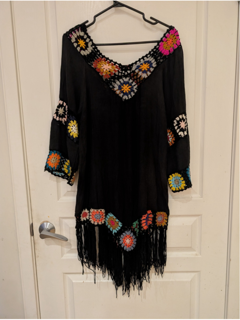 702 - ASHA Black Crochet Granny Square Fringe Boho Tunic Dress - Picture 7 of 10